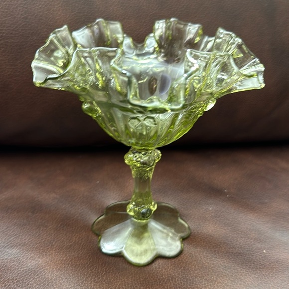 Vintage Fenton Olive Green Cabbage Rose Ruffled Pedestal Compote Candy Dish - Picture 2 of 7